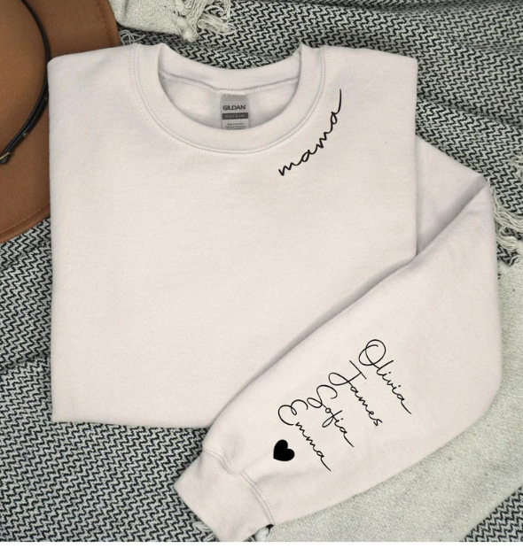 Customized sweatshirt for a mom with child's name on the sleeve. A perfect made for her gift idea from Made in BC gift guide. Vancouver Island View