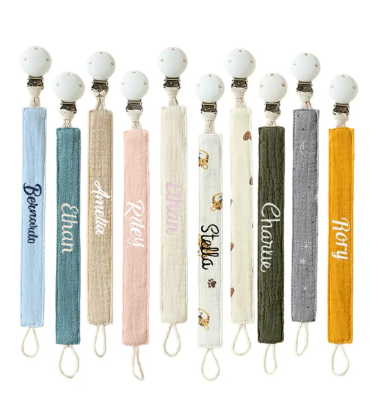 Custom name embroidered pacifier clip by Little Funtastic. Made in BC Gift Guide brought to you by Vancouver Island View