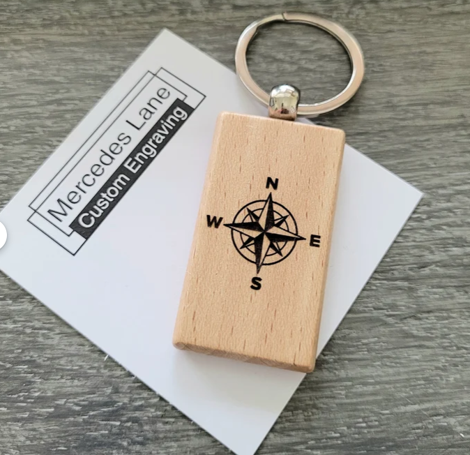 ML Custom Engraving wooden keychain. Made in BC Gift Guide. Vancouver Island View