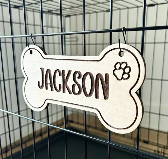 Wooden dog crate name sign by Lemon Studio Engraving. Made in BC Gift Guide by Vancouver Island View