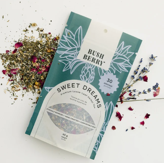 Sleep tea with Valerian Root by Bush Berry Tea. Made in BC Gift Guide by Vancouver Island View