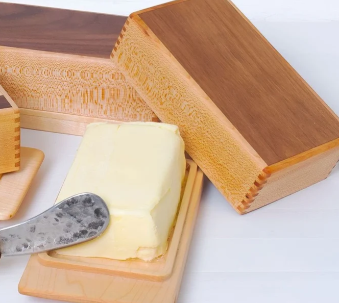 Hand-crafted wooden butter dish half-pound - solid walnut top by Emotions in Wood. Made in BC Gift Guide by Vancouver Island View