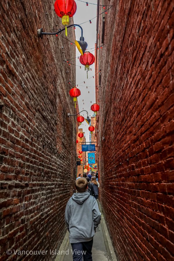 Fan Tan Alley is Canada's narrowest street and located in Victoria BC on Vancouver Island. A narrow alley lined with red bricks on either side, Chinese lanterns overhead and a boy walking down the middle. Vancouver Island View