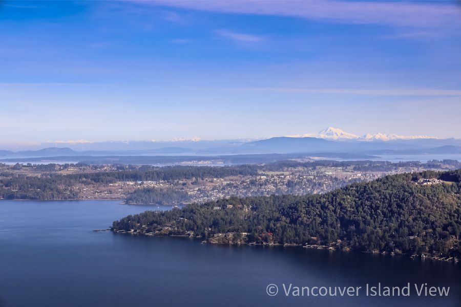 An expansive view of the ocean and coastal mountains from the Malahat Skywalk. Vancouver Island View