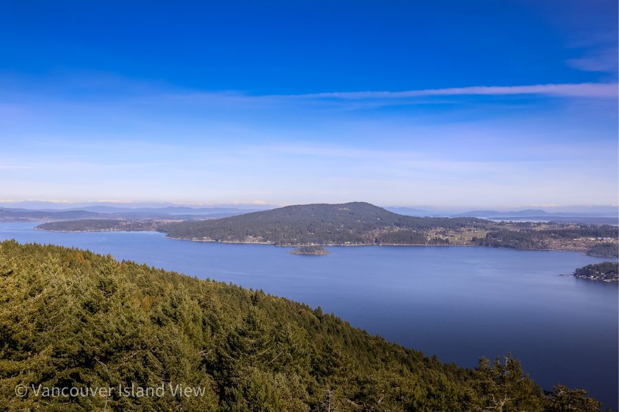 A bird's eye view of the Saanich Peninsula with islands in the distance a stunning blue sky and green trees in the foreground. This view is found at the Malahat Skywalk on Vancouver Island. Vancouver Island View