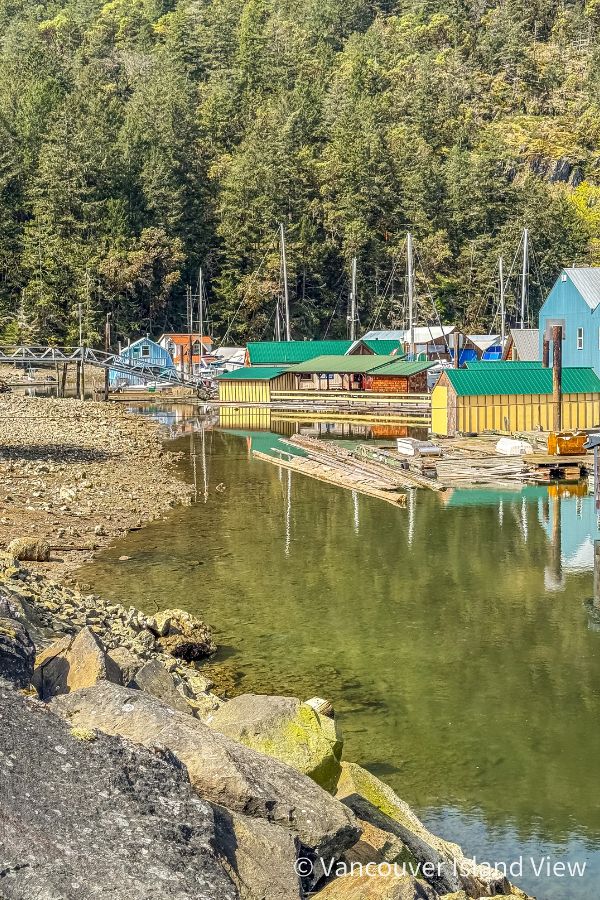 Colourful boat houses along Genoa Bay, a small village on Vancouver Island. Vancouver Island View
